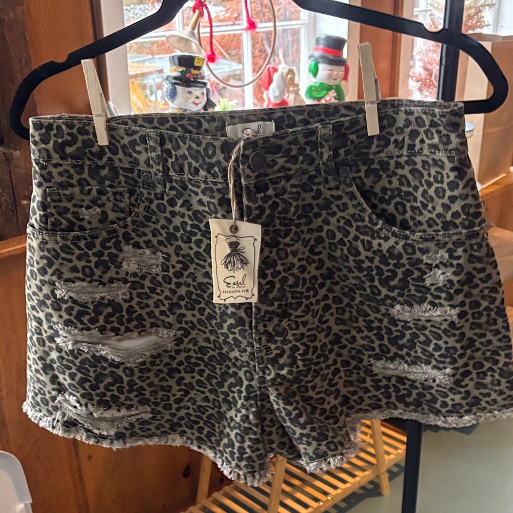 Easel Black Leopard Print Distressed Jean Shorts